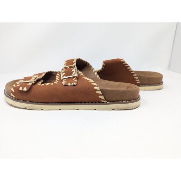 Brown Double Buckle Sandals White Stitching Comfortable Sole 11 Cushionaire - Picture 5 of 7